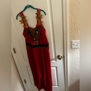 Silly Jingle Bell Reindeer Holiday Velvet Overalls